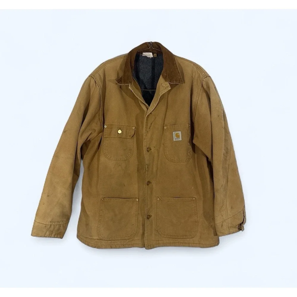 Vintage 80s Carhartt 6BLCT Brown Duck Button Front Blanket Lined Coat Sz 48 Tall